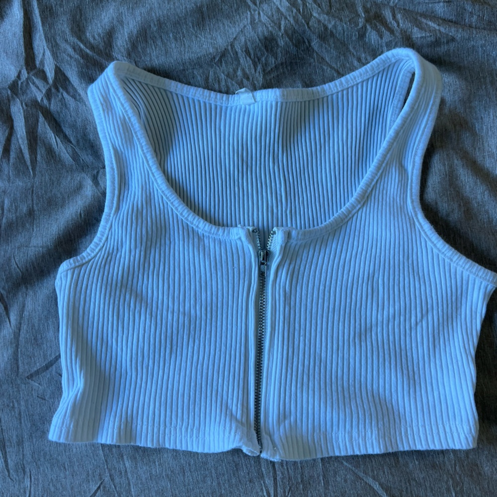 White Ribbed Zip-Up Women's Top